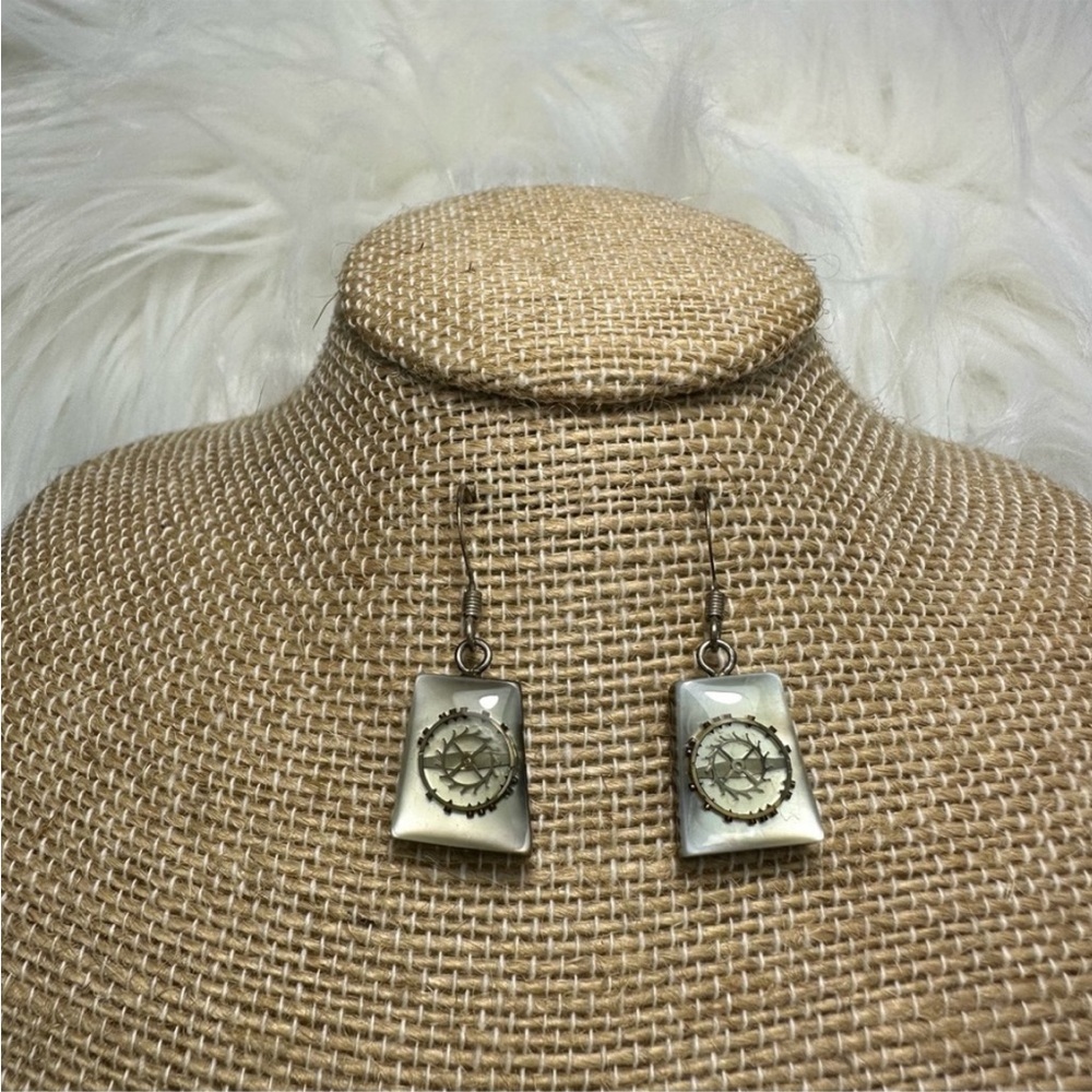Handmade Vintage Watch Part Mother Of Pearl Dangle Earrings by UP SCALE TIME -